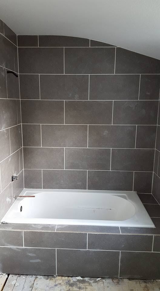 Bathroom renovation — tub with gray tile surround, Findlay