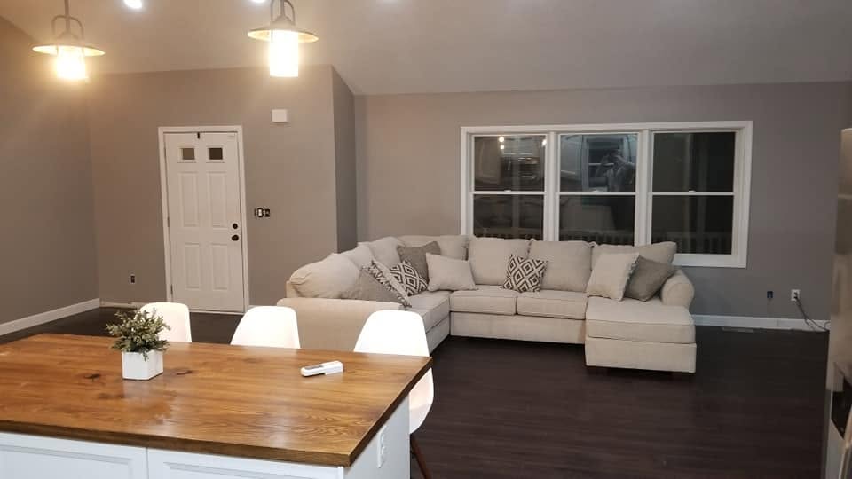 Living room sectional and kitchen island