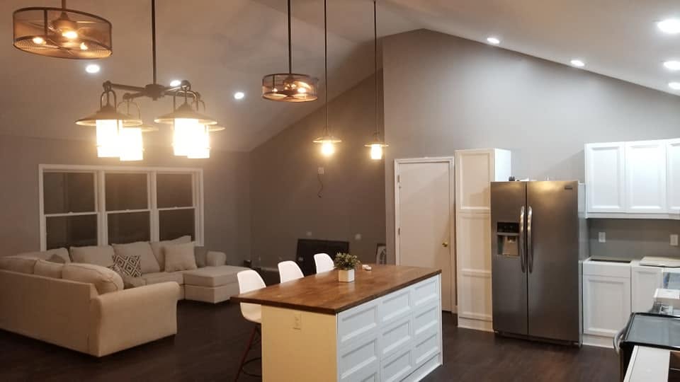 Kitchen and living room — wide view